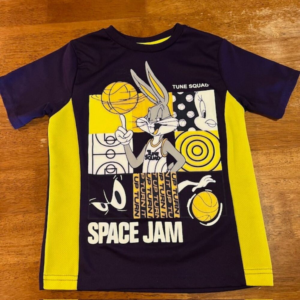 Vintage 90s Y2K Space Jam Children's Jersey Kids Tshirt Bugs Bunny Purple Yellow
